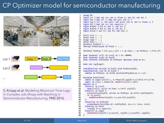 23 / 28 PDIA 2019 © 2019 IBM Corporation
CP Optimizer model for semiconductor manufacturing
Step 1 Step 2 ...Lot 1
Lot 2
...
S. Knopp et al. Modeling Maximum Time Lags
in Complex Job-Shops with Batching in
Semiconductor Manufacturing. PMS 2016.
 