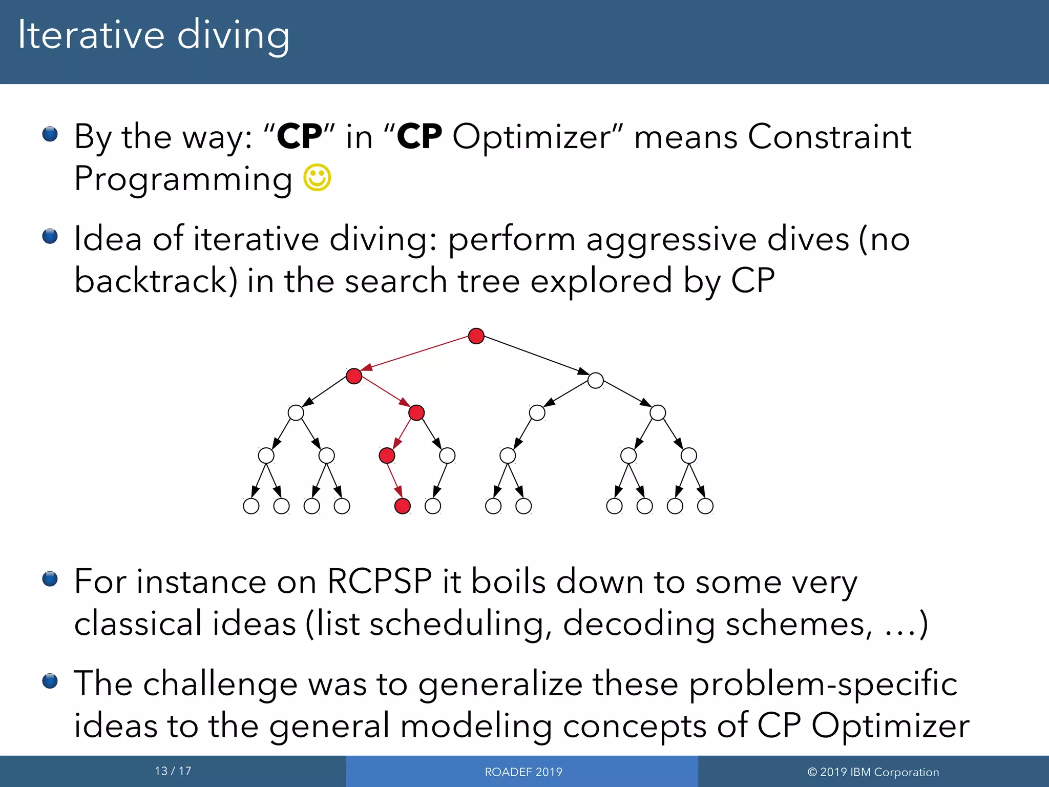 13 / 17 ROADEF 2019 © 2019 IBM Corporation
Iterative diving
By the way: “CP” in “CP Optimizer” means Constraint
Programming 
Idea of iterative diving: perform aggressive dives (no
backtrack) in the search tree explored by CP
For instance on RCPSP it boils down to some very
classical ideas (list scheduling, decoding schemes, …)
The challenge was to generalize these problem-specific
ideas to the general modeling concepts of CP Optimizer
 