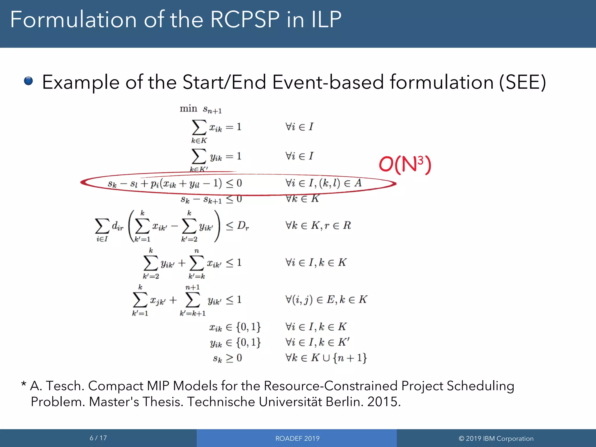 6 / 17 ROADEF 2019 © 2019 IBM Corporation
Formulation of the RCPSP in ILP
Example of the Start/End Event-based formulation (SEE)
O(N3
)
* A. Tesch. Compact MIP Models for the Resource-Constrained Project Scheduling
Problem. Master's Thesis. Technische Universität Berlin. 2015.
 