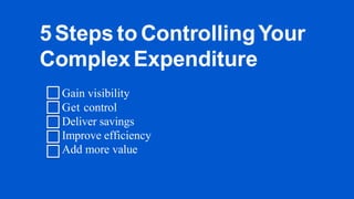 5 Steps to Controlling Your 
Complex Expenditure 
Gain visibility Get control Deliver savings 
Improve efficiency Add more value  