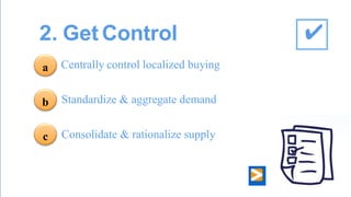 2. Get Control 
Centrally control localized buying Standardize & aggregate demand Consolidate & rationalize supply 
a 
b 
c 
✔  