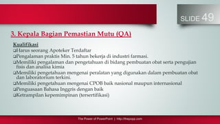 The Power of PowerPoint | http://thepopp.com
SLIDE 49
3. Kepala Bagian Pemastian Mutu (QA)
Kualifikasi
Harus seorang Apoteker Terdaftar
Pengalaman praktis Min. 5 tahun bekerja di industri farmasi.
Memiliki pengalaman dan pengetahuan di bidang pembuatan obat serta pengujian
fisis dan analisa kimia
Memiliki pengetahuan mengenai peralatan yang digunakan dalam pembuatan obat
dan laboratorium terkini.
Memiliki pengetahuan mengenai CPOB baik nasional maupun internasional
Penguasaan Bahasa Inggris dengan baik
Ketrampilan kepemimpinan (tersertifikasi)
 