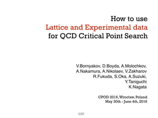 How to use
Lattice and Experimental data
for QCD Critical Point Search
CPOD 2016,Wrocław, Poland
May 30th - June 4th, 2016
1/31
V.Bornyakov, D.Boyda, V.Goy, A.Molochkov,
A.Nakamura, A.Nikolaev, V.Zakharov 
R.Fukuda, S.Oka, A.Suzuki,
Y.Taniguchi
K.Nagata
 