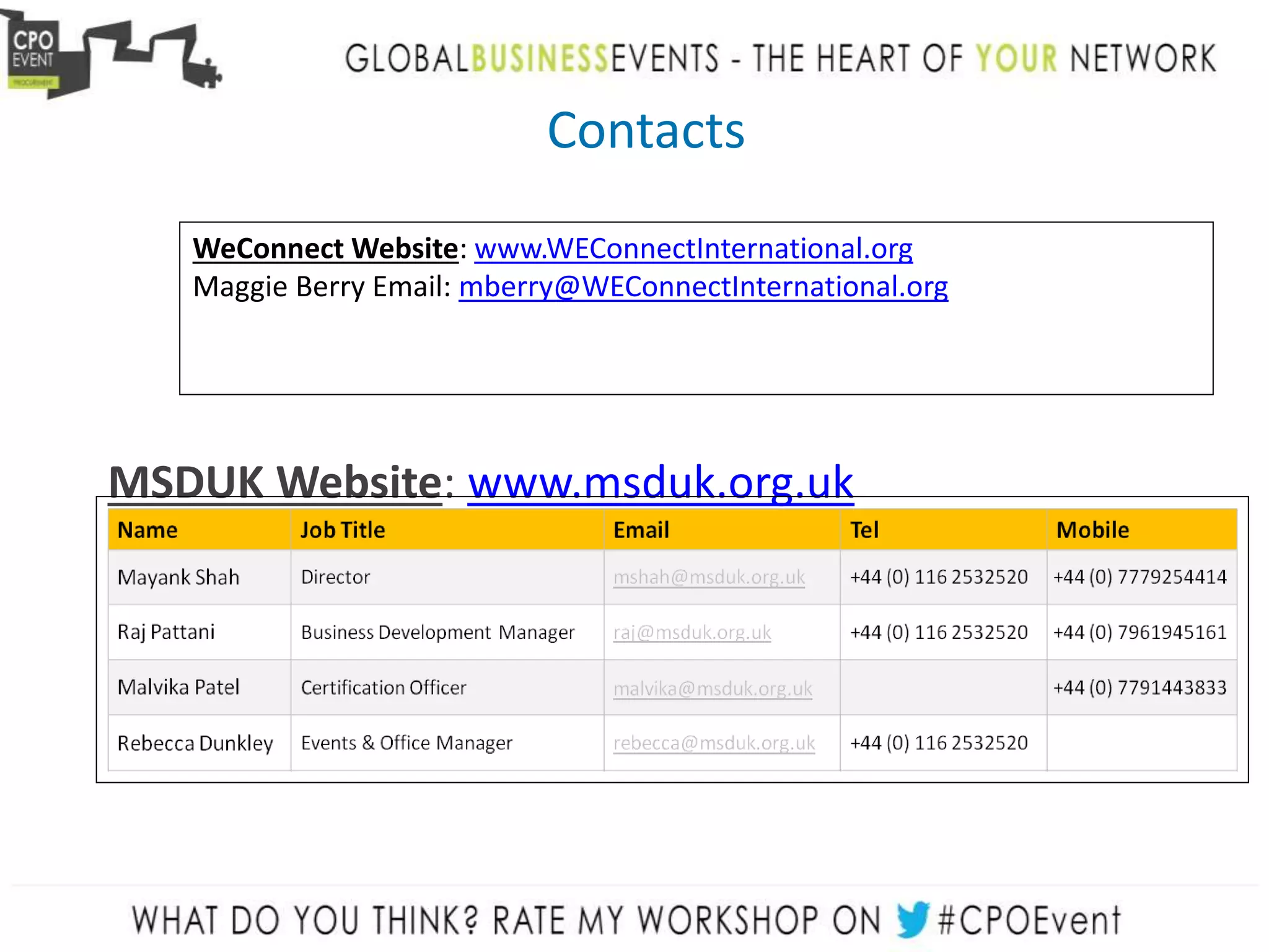 WeConnect Website: www.WEConnectInternational.org
Maggie Berry Email: mberry@WEConnectInternational.org
Contacts
MSDUK Website: www.msduk.org.uk
 