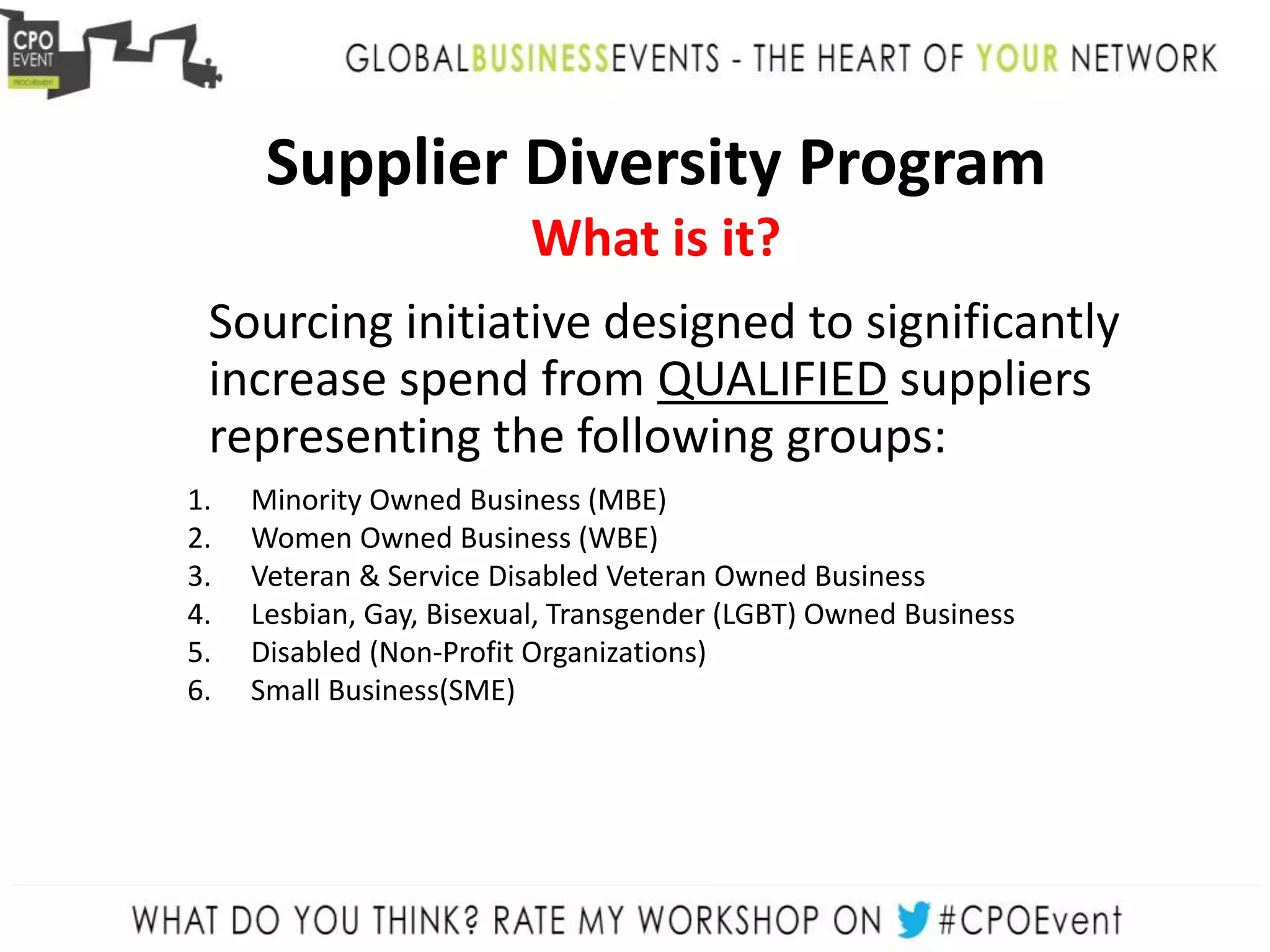 Supplier Diversity Program
What is it?
Sourcing initiative designed to significantly
increase spend from QUALIFIED suppliers
representing the following groups:
1. Minority Owned Business (MBE)
2. Women Owned Business (WBE)
3. Veteran & Service Disabled Veteran Owned Business
4. Lesbian, Gay, Bisexual, Transgender (LGBT) Owned Business
5. Disabled (Non-Profit Organizations)
6. Small Business(SME)
 