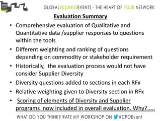 Evaluation Summary
• Comprehensive evaluation of Qualitative and
Quantitative data /supplier responses to questions
within the tools
• Different weighting and ranking of questions
depending on commodity or stakeholder requirement
• Historically, the evaluation process would not have
consider Supplier Diversity
• Diversity questions added to sections in each RFx
• Relative weighting given to Diversity section in RFx
• Scoring of elements of Diversity and Supplier
programs now included in overall evaluation. Why?.....
 