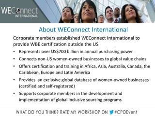 About WEConnect International
Corporate members established WEConnect International to
provide WBE certification outside the US
• Represents over US$700 billion in annual purchasing power
• Connects non-US women-owned businesses to global value chains
• Offers certification and training in Africa, Asia, Australia, Canada, the
Caribbean, Europe and Latin America
• Provides an exclusive global database of women-owned businesses
(certified and self-registered)
• Supports corporate members in the development and
implementation of global inclusive sourcing programs
 