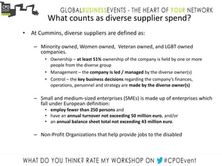 What counts as diverse supplier spend?
• At Cummins, diverse suppliers are defined as:
– Minority owned, Women owned, Veteran owned, and LGBT owned
companies.
• Ownership – at least 51% ownership of the company is held by one or more
people from the diverse group
• Management – the company is led / managed by the diverse owner(s)
• Control – the key business decisions regarding the company’s finances,
operations, personnel and strategy are made by the diverse owner(s)
– Small and medium-sized enterprises (SMEs) is made up of enterprises which
fall under European definition:
• employ fewer than 250 persons and
• have an annual turnover not exceeding 50 million euro, and/or
• an annual balance sheet total not exceeding 43 million euro.
– Non-Profit Organizations that help provide jobs to the disabled
 
