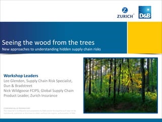 Seeing the wood from the trees
New approaches to understanding hidden supply chain risks
CONFIDENTIAL & PROPRIETARY
This material is confidential and proprietary to D&B and/or third parties and may not be
reproduced, published or disclosed to others without the express authorization of D&B.
Workshop Leaders
Lee Glendon, Supply Chain Risk Specialist,
Dun & Bradstreet
Nick Wildgoose FCIPS, Global Supply Chain
Product Leader, Zurich Insurance
 