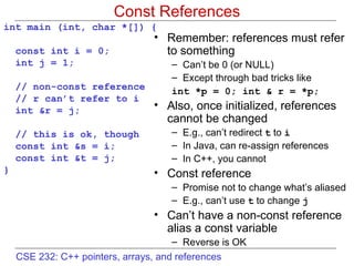 Const References int main (int, char *[]) { const int i = 0; int j = 1; // non-const reference // r can’t refer to i int &r = j; // this is ok, though const int &s = i;  const int &t = j; }  Remember: references must refer to something Can’t be 0 (or NULL) Except through bad tricks like int *p = 0; int & r = *p; Also, once initialized, references cannot be changed E.g., can’t redirect  t  to  i In Java, can re-assign references In C++, you cannot Const reference  Promise not to change what’s aliased E.g., can’t use  t  to change  j Can’t have a non-const reference alias a const variable Reverse is OK 