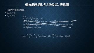 偏光板を通したときのセンサ観測
• 右回り円偏光の場合
• 𝑠0, 𝑠3 = 1
• 𝑠1, 𝑠2 = 0 𝑠0
′
=
𝑠0
𝑅 𝑝+𝑅 𝑠
4
+
𝑅 𝑝−𝑅 𝑠
4
cos 2 𝜃 𝑝𝑜𝑙 − 𝜙
+𝑠1
𝑅 𝑝−𝑅 𝑠
4
cos 2𝜙 +
𝑅 𝑝+𝑅 𝑠
4
cos 2𝜙 cos 2 𝜃 𝑝𝑜𝑙 − 𝜙 −
𝑅 𝑝 𝑅 𝑠
2
sin 2𝜙 cos 𝛿 sin 2 𝜃 𝑝𝑜𝑙 − 𝜙
+𝑠2
𝑅 𝑝−𝑅 𝑠
4
sin 2𝜙 +
𝑅 𝑝+𝑅 𝑠
4
sin 2𝜙 cos 2 𝜃 𝑝𝑜𝑙 − 𝜙 +
𝑅 𝑝 𝑅 𝑠
2
cos 2𝜙 cos 𝛿 sin 2 𝜃 𝑝𝑜𝑙 − 𝜙
+𝑠3
𝑅 𝑝 𝑅 𝑠
2
sin 2 𝜃 𝑝𝑜𝑙 − 𝜙 sin 𝛿
𝑠0
′
=
𝑅 𝑝 + 𝑅 𝑠
4
+
𝑅 𝑝 − 𝑅 𝑠
4
cos 2 𝜃 𝑝𝑜𝑙 − 𝜙 +
𝑅 𝑝 𝑅 𝑠
2
sin 2 𝜃 𝑝𝑜𝑙 − 𝜙 sin 𝛿
 
