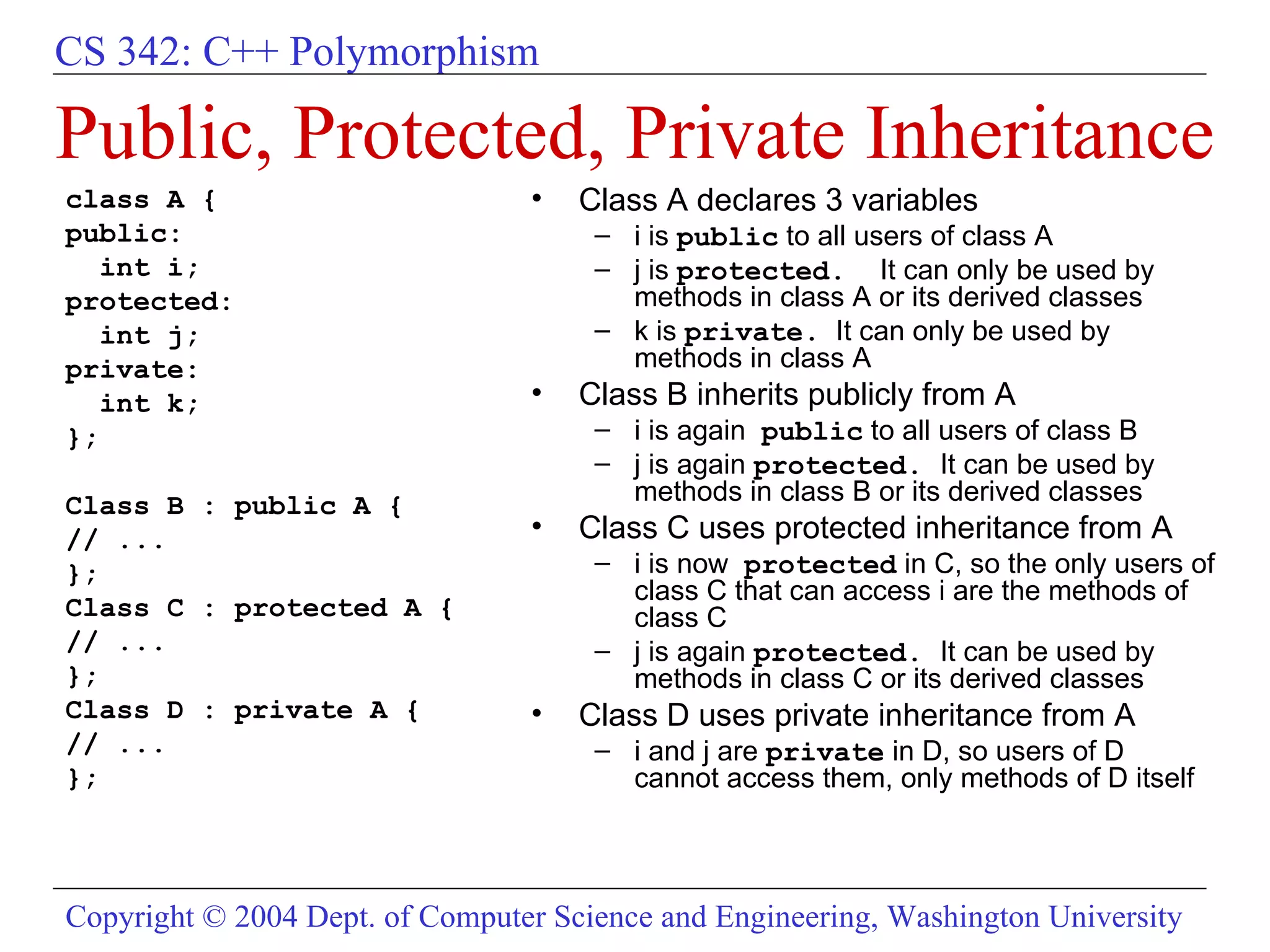 Public, Protected, Private Inheritance class A { public:  int i; protected:  int j; private:  int k; }; Class B : public A {  // ... }; Class C : protected A { // ... }; Class D : private A { // ... }; Class A declares 3 variables  i is  public  to all users of class A j is  protected.  It can only be used by methods in class A or its derived classes k is  private.   It can only be used by methods in class A Class B inherits publicly from A i is again  public  to all users of class B j is again  protected.  It can be used by methods in class B or its derived classes Class C uses protected inheritance from A i is now  protected  in C, so the only users of class C that can access i are the methods of class C  j is again  protected.  It can be used by methods in class C or its derived classes Class D uses private inheritance from A i and j are  private  in D, so users of D cannot access them, only methods of D itself 