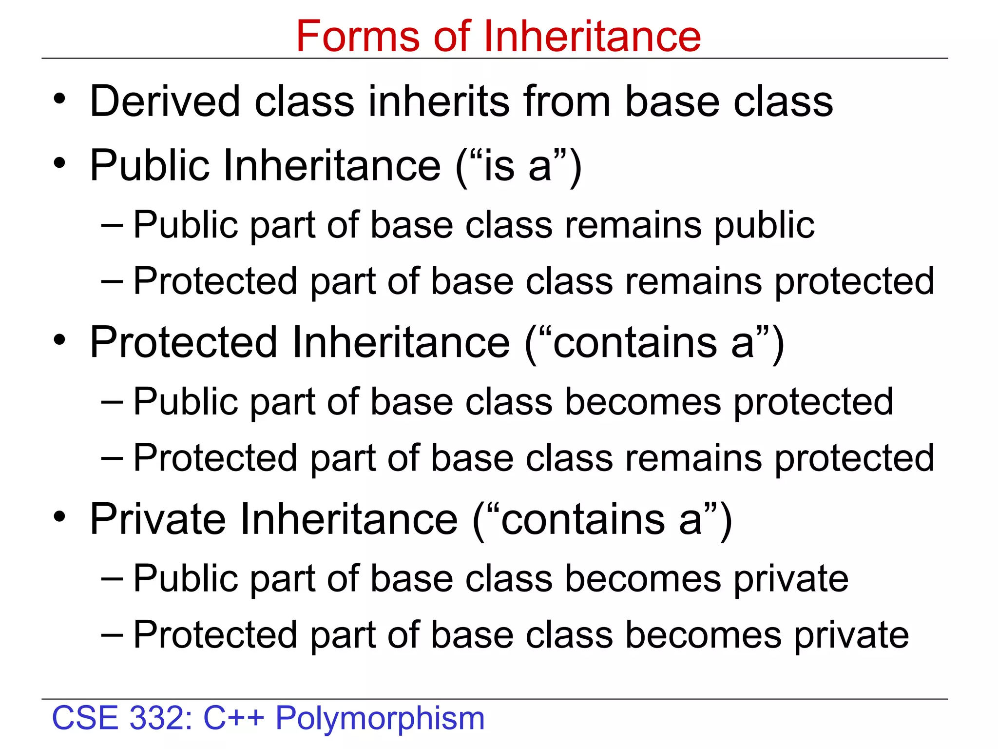 Forms of Inheritance
• Derived class inherits from base class
• Public Inheritance (“is a”)
  – Public part of base class remains public
  – Protected part of base class remains protected
• Protected Inheritance (“contains a”)
  – Public part of base class becomes protected
  – Protected part of base class remains protected
• Private Inheritance (“contains a”)
  – Public part of base class becomes private
  – Protected part of base class becomes private

CSE 332: C++ Polymorphism
 