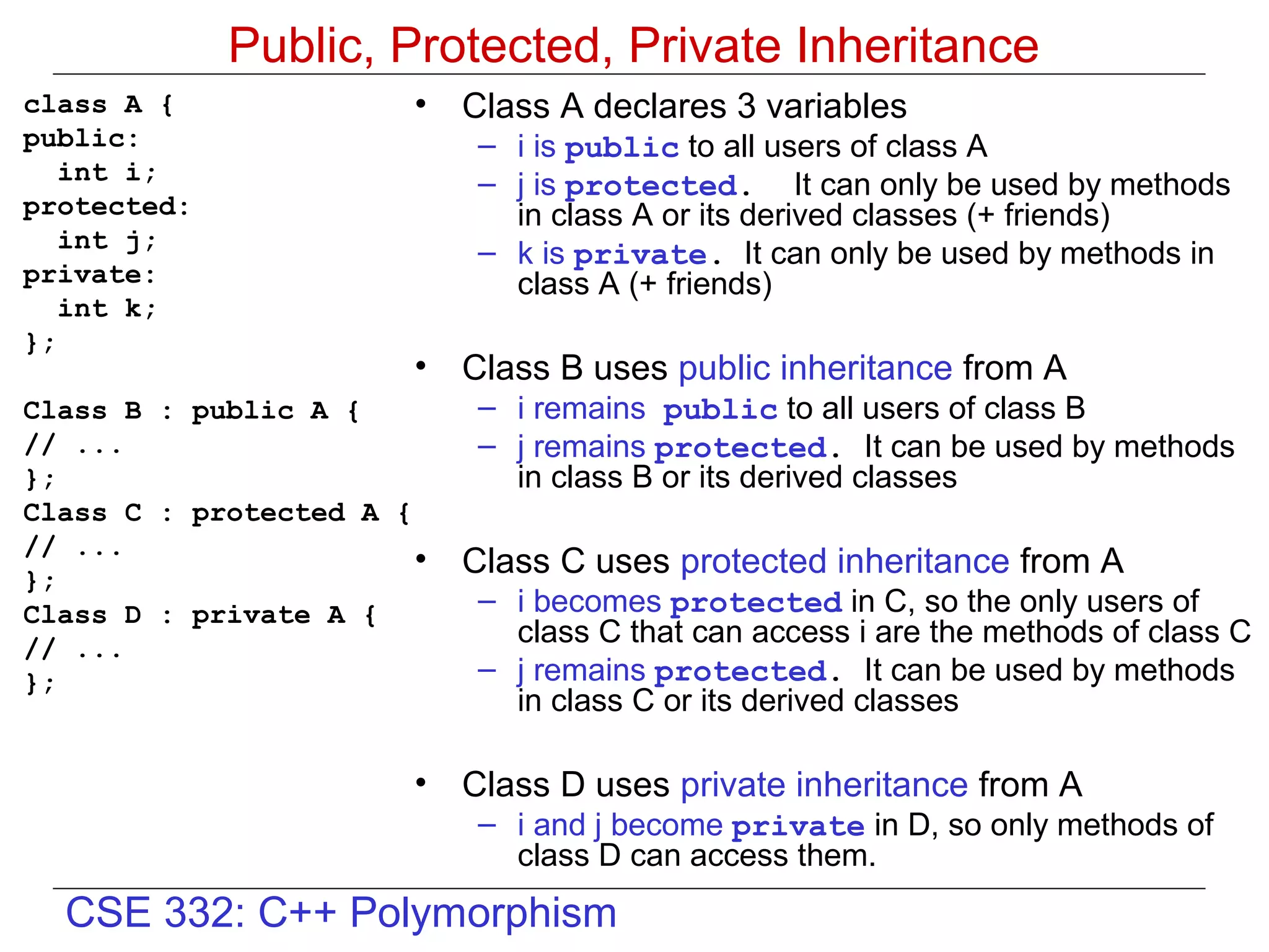 Public, Protected, Private Inheritance
class A {               • Class A declares 3 variables
public:                     – i is public to all users of class A
   int i;                   – j is protected. It can only be used by methods
protected:                    in class A or its derived classes (+ friends)
   int j;                   – k is private. It can only be used by methods in
private:                      class A (+ friends)
   int k;
};
                        • Class B uses public inheritance from A
Class B : public A {        – i remains public to all users of class B
// ...                      – j remains protected. It can be used by methods
};                            in class B or its derived classes
Class C : protected A {
// ...
                        •   Class C uses protected inheritance from A
};
Class D : private A {       – i becomes protected in C, so the only users of
// ...
                              class C that can access i are the methods of class C
};                          – j remains protected. It can be used by methods
                              in class C or its derived classes

                        • Class D uses private inheritance from A
                            – i and j become private in D, so only methods of
                              class D can access them.
  CSE 332: C++ Polymorphism
 