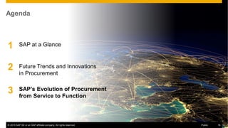 © 2015 SAP SE or an SAP affiliate company. All rights reserved. 18Public© 2015 SAP SE or an SAP affiliate company. All rights reserved. 18Public
Agenda
SAP at a Glance1
2
3 SAP’s Evolution of Procurement
from Service to Function
Future Trends and Innovations
in Procurement
 