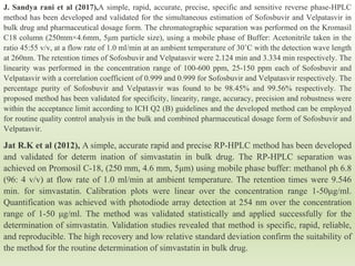 J. Sandya rani et al (2017),A simple, rapid, accurate, precise, specific and sensitive reverse phase-HPLC
method has been developed and validated for the simultaneous estimation of Sofosbuvir and Velpatasvir in
bulk drug and pharmaceutical dosage form. The chromatographic separation was performed on the Kromasil
C18 column (250mm×4.6mm, 5μm particle size), using a mobile phase of Buffer: Acetonitrile taken in the
ratio 45:55 v/v, at a flow rate of 1.0 ml/min at an ambient temperature of 30˚C with the detection wave length
at 260nm. The retention times of Sofosbuvir and Velpatasvir were 2.124 min and 3.334 min respectively. The
linearity was performed in the concentration range of 100-600 ppm, 25-150 ppm each of Sofosbuvir and
Velpatasvir with a correlation coefficient of 0.999 and 0.999 for Sofosbuvir and Velpatasvir respectively. The
percentage purity of Sofosbuvir and Velpatasvir was found to be 98.45% and 99.56% respectively. The
proposed method has been validated for specificity, linearity, range, accuracy, precision and robustness were
within the acceptance limit according to ICH Q2 (B) guidelines and the developed method can be employed
for routine quality control analysis in the bulk and combined pharmaceutical dosage form of Sofosbuvir and
Velpatasvir.
Jat R.K et al (2012), A simple, accurate rapid and precise RP-HPLC method has been developed
and validated for determ ination of simvastatin in bulk drug. The RP-HPLC separation was
achieved on Promosil C-18, (250 mm, 4.6 mm, 5μm) using mobile phase buffer: methanol ph 6.8
(96: 4 v/v) at flow rate of 1.0 ml/min at ambient temperature. The retention times were 9.546
min. for simvastatin. Calibration plots were linear over the concentration range 1-50μg/ml.
Quantification was achieved with photodiode array detection at 254 nm over the concentration
range of 1-50 μg/ml. The method was validated statistically and applied successfully for the
determination of simvastatin. Validation studies revealed that method is specific, rapid, reliable,
and reproducible. The high recovery and low relative standard deviation confirm the suitability of
the method for the routine determination of simvastatin in bulk drug.
 