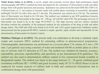 Nalini Kanta Sahoo et al (2014), A novel, simple and economic reverse phase high performance liquid
chromatography (RP-HPLC) method has been developed for the estimation of Simvastatin in bulk and tablet
dosage form with greater precision and accuracy. Separation was achieved on Develosil ODS HG-5 RP C18,
(150cmx4.6mm i.d. 5 m) column in isocratic mode with mobile phase consisting of acetonitrile :phosphate
buffer(pH 3.0) (85:15) with a flow rate of 1 mL/min. The detection was carried out at 236 nm. The retention
time of Simvastatin was found to be 5.84 min. The method was validated as per ICH guidelines.Linearity
was established for Simvastatin in the range 10 – 100 μg / ml with R2 value 0.99. The percentage recovery of
Simvastatin was found to be in the range 99.19-99.67 %. The high recovery and low relative standard
deviation confirm the suitability of the proposed method for the estimation of the drug in bulk and tablet
dosage forms. The LOD and LOQ were found to be 0.341 and 1.023 μg/ml respectively.Validation studies
demonstrated that the proposed RP-HPLC method is simple, specific, rapid, reliable and reproducible for the
determination of Simvastatin for Quality Control.
Mahfuza Maleque et al (2012), The present study was undertaken to develop a validated, rapid,
simple and economic HPLC method for estimating caffeine in pharmaceutical preparations.
Chromatographic determination was performed on a reversed phase C18 column (4.5 mm x 250
mm; 5 μm particle size) using a mixture of water and methanol (60:40) as mobile phase at a flow
rate of 1ml/min with UV detection at 272 nm. The method was validated for linearity, accuracy,
repeatability, precision, reproducibility, and specificity as per International ICH guidelines. The
method was also used in determination caffeine content in five commercial brands available in
Bangladeshi market. The method was linear in the range between 12 – 28 μg/ml, exhibited good
correlation coefficient (R2 = 0.9992) and good Accuracy study (97.35 %-100.02 Hence it can be
employed for routine analysis of caffeine both in bulk and commercial formulations and in
combination dosage form with paracetamol.
 