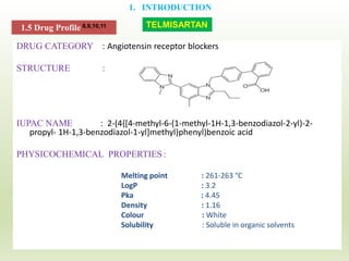 DRUG CATEGORY : Angiotensin receptor blockers
STRUCTURE :
IUPAC NAME : 2-(4{[4-methyl-6-(1-methyl-1H-1,3-benzodiazol-2-yl)-2-
propyl- 1H-1,3-benzodiazol-1-yl]methyl}phenyl)benzoic acid
PHYSICOCHEMICAL PROPERTIES :
Melting point : 261-263 °C
LogP : 3.2
Pka : 4.45
Density : 1.16
Colour : White
Solubility : Soluble in organic solvents
1.5 Drug Profile 8,9,10,11
1. INTRODUCTION
TELMISARTAN
 