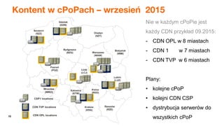 10
Nie w każdym cPoPie jest
każdy CDN przykład 09.2015:
- CDN OPL w 8 miastach
- CDN 1 w 7 miastach
- CDN TVP w 6 miastach
Plany:
• kolejne cPoP
• kolejni CDN CSP
• dystrybucja serwerów do
wszystkich cPoP
Kontent w cPoPach – wrzesień 2015
 