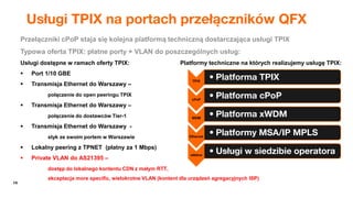 14
Usługi TPIX na portach przełączników QFX
Przełączniki cPoP staja się kolejna platformą techniczną dostarczająca usługi TPIX
Typowa oferta TPIX: płatne porty + VLAN do poszczególnych usług:
Usługi dostępne w ramach oferty TPIX: Platformy techniczne na których realizujemy usługę TPIX:
 Port 1/10 GBE
 Transmisja Ethernet do Warszawy –
połączenie do open peeringu TPIX
 Transmisja Ethernet do Warszawy –
połączenie do dostawców Tier-1
 Transmisja Ethernet do Warszawy -
styk ze swoim portem w Warszawie
 Lokalny peering z TPNET (płatny za 1 Mbps)
 Private VLAN do AS21395 –
dostęp do lokalnego kontentu CDN z małym RTT,
akceptacja more specific, wielokrotne VLAN (kontent dla urządzeń agregacyjnych ISP)
TPIX
• Platforma TPIX
cPoP
• Platforma cPoP
WDM
• Platforma xWDM
Ethernet
• Platformy MSA/IP MPLS
włókna
• Usługi w siedzibie operatora
 