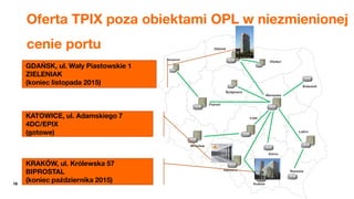 18
Oferta TPIX poza obiektami OPL w niezmienionej
cenie portu
GDAŃSK, ul. Wały Piastowskie 1
ZIELENIAK
(koniec listopada 2015)
KATOWICE, ul. Adamskiego 7
4DC/EPIX
(gotowe)
KRAKÓW, ul. Królewska 57
BIPROSTAL
(koniec października 2015)
 