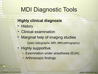 MDI Diagnostic Tools
Highly clinical diagnosis
• History
• Clinical examination
• Marginal help of imaging studies
(plain ...