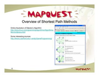Overview of Shortest Path Methods
Online illustration of Dijkstra’s Algorithm
http://docs.linux.cz/programming/algorithms/Algorithms-
Morris/dijkstra.html

Some interesting sources:
http://theory.stanford.edu/~amitp/GameProgramming/




 6
 