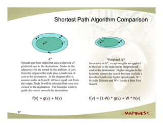 Shortest Path Algorithm Comparison

                                         B
                   A
                                                                       O                D
                          O                  D



                               C

                              A*                                            Weighted A*
     Spreads out from origin but uses a heuristic of         Same idea as A*, except weights are applied
     predicted cost to the destination. Nodes in the         to the cost to the node and to the predicted
     adjacency list are sorted by the addition of cost       cost to the destination. Higher weights to the
     from the origin to the node plus a prediction of        heuristic narrow the search but may exclude a
     cost to the destination. In the diagram above,          less direct path over higher speed roads. W =
     assume nodes A,B,and C all have equal cost from         0 yields Dijkstra and W=1 yields a Best First
     the origin. Node B will be selected first since it is   Search.
     closest to the destination. The heuristic tends to
     guide the search towards the destination.

               f(v) = g(v) + h(v)                            f(v) = (1-W) * g(v) + W * h(v)


17
 