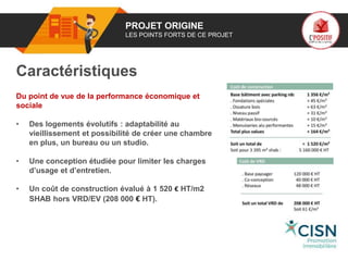 01 PROJET ORIGINE
LES POINTS FORTS DE CE PROJET
Caractéristiques
Du point de vue de la performance économique et
sociale
• Des logements évolutifs : adaptabilité au
vieillissement et possibilité de créer une chambre
en plus, un bureau ou un studio.
• Une conception étudiée pour limiter les charges
d’usage et d’entretien.
• Un coût de construction évalué à 1 520 € HT/m2
SHAB hors VRD/EV (208 000 € HT).
Logo
porteur
de projet
 