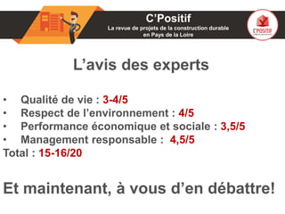 01
L’avis des experts
• Qualité de vie : 3-4/5
• Respect de l’environnement : 4/5
• Performance économique et sociale : 3,5/5
• Management responsable : 4,5/5
Total : 15-16/20
Et maintenant, à vous d’en débattre!
C’Positif
La revue de projets de la construction durable
en Pays de la Loire
 