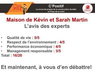 01
Maison de Kévin et Sarah Martin
L’avis des experts
• Qualité de vie : 5/5
• Respect de l’environnement : 4/5
• Performance économique : 4/5
• Management responsable : 3/5
Total : 16/20
Et maintenant, à vous d’en débattre!
C’Positif
La revue de projets de la construction durable
en Pays de la Loire
 