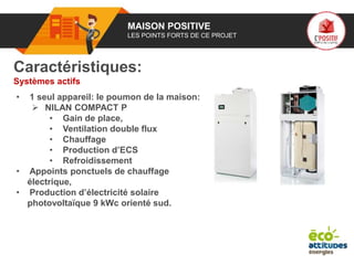 01 MAISON POSITIVE
LES POINTS FORTS DE CE PROJET
Caractéristiques:
Systèmes actifs
• 1 seul appareil: le poumon de la maison:
 NILAN COMPACT P
• Gain de place,
• Ventilation double flux
• Chauffage
• Production d’ECS
• Refroidissement
• Appoints ponctuels de chauffage
électrique,
• Production d’électricité solaire
photovoltaïque 9 kWc orienté sud.
 