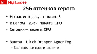 256 оттенков серого Но нас интересуют только 3 В целом –   диск ,  память , CPU Сегодня – память ,   CPU Завтра –  Ulrich Drepper, Agner Fog Звоните, все трое и звоните 