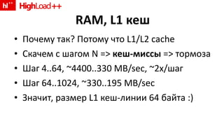 RAM, L1  кеш Почему так ?  Потому что  L1/L2 cache Скачем с шагом  N =>   кеш-миссы  =>  тормоза Шаг 4..64,  ~ 4400 ..330 MB/sec, ~2x/ шаг Шаг 64 ..1024, ~ 330 ..195 MB/sec Значит, размер  L1  кеш-линии 64 байта  :) 