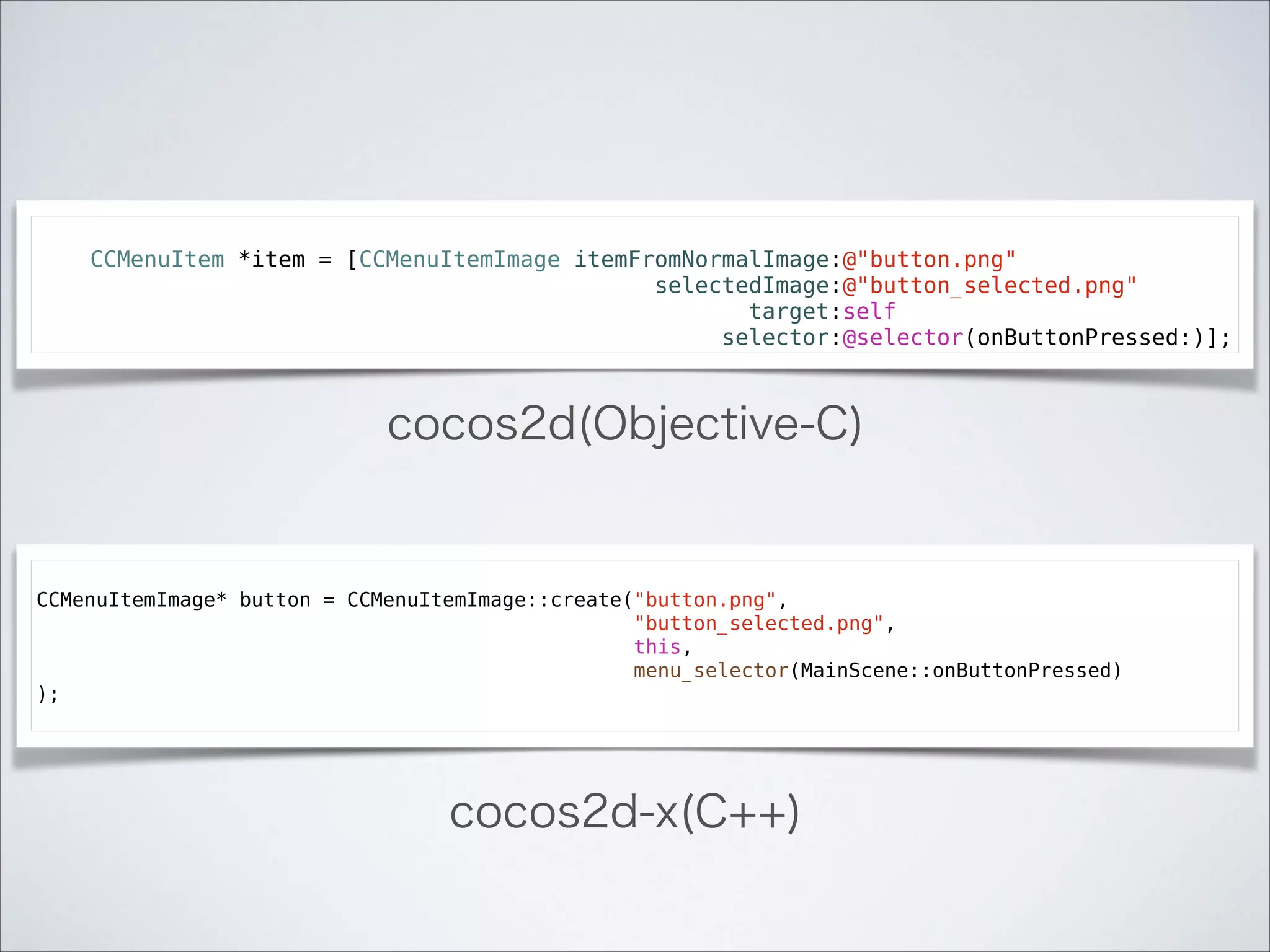 !

CCMenuItem *item = [CCMenuItemImage itemFromNormalImage:@"button.png"
selectedImage:@"button_selected.png"
target:self
selector:@selector(onButtonPressed:)];

cocos2d(Objective-C)

!

CCMenuItemImage* button = CCMenuItemImage::create("button.png",
"button_selected.png",
this,
menu_selector(MainScene::onButtonPressed)
);

cocos2d-x(C++)

 