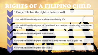 RIGHTS OF A FILIPINO CHILD
1
• Every child has the right to be born well.
2
• Every child has the right to a wholesome family life.
3
• Every child has the right to be raised well and become contributing members of
society.
4
• Every child has the right to basic needs.
5
• Every child has the right to access what they need to have a good life.
6
• Every child has the right to education.
 