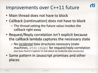 Improvements over C++11 future
• Main thread does not have to block
• Callback (continuation) does not have to block
– The thread setting the future value invokes the
callback right away
• Request/Reply correlation isn’t explicit because
the callback lambda captures the necessary state
– No incidental data structures necessary (state
machines, std::map) for request/reply correlation
(see Sean Parent’s CppCon’15 talk about no incidental data structures)
• Same pattern in Javascript promises and other
places
7/9/2017 © 2015 RTI 20
 