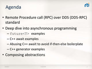 Agenda
• Remote Procedure call (RPC) over DDS (DDS-RPC)
standard
• Deep dive into asynchronous programming
– future<T> examples
– C++ await examples
– Abusing C++ await to avoid if-then-else boilerplate
– C++ generator examples
• Composing abstractions
7/9/2017 © 2015 RTI 5
 
