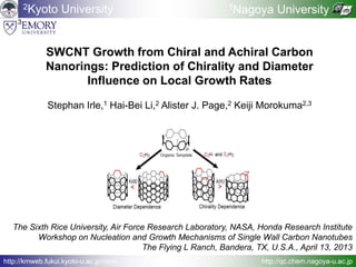 SWCNT Growth from Chiral and Achiral Carbon
Nanorings: Prediction of Chirality and Diameter
Influence on Local Growth Rates
Stephan Irle,1 Hai-Bei Li,2 Alister J. Page,2 Keiji Morokuma2,3
2Kyoto University 1Nagoya University
http://kmweb.fukui.kyoto-u.ac.jp/nano http://qc.chem.nagoya-u.ac.jp
The Sixth Rice University, Air Force Research Laboratory, NASA, Honda Research Institute
Workshop on Nucleation and Growth Mechanisms of Single Wall Carbon Nanotubes
The Flying L Ranch, Bandera, TX, U.S.A., April 13, 2013
3
 
