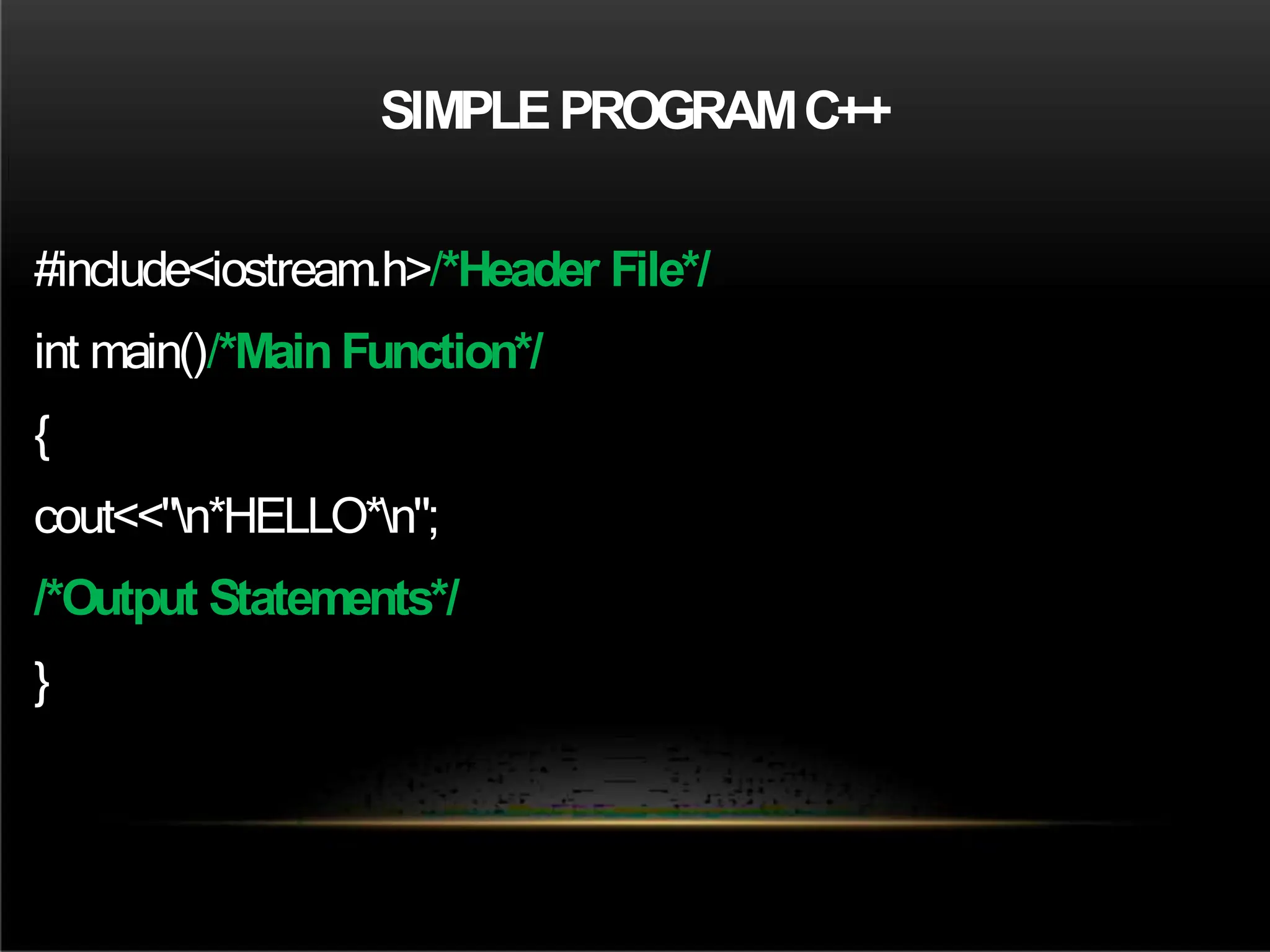 SIMPLEPROGRAMC++
#include<iostream.h>/*Header File*/
int main()/*Main Function*/
{
cout<<"n*HELLO*n";
/*Output Statements*/
}
 