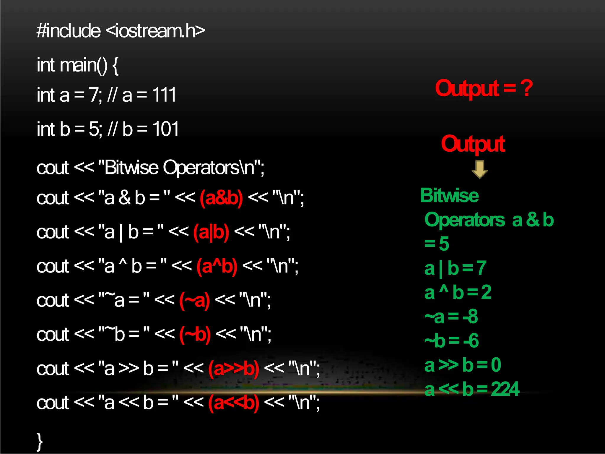 #include <iostream.h>
int main() {
int a=7; // a=111
int b =5; // b =101
cout <<"Bitwise Operatorsn";
cout <<"a&b =" << (a&b) <<"n";
cout <<"a| b =" << (a|b) <<"n";
cout <<"a^ b =" << (a^b) <<"n";
cout <<"~a=" << (~a) <<"n";
cout <<"~b=" << (~b) <<"n";
cout <<"a>>b =" << (a>>b) <<"n";
cout <<"a<<b =" << (a<<b) <<"n";
}
Bitwise
Operators a&b
=5
a| b=7
a^b=2
~a=-8
~b=-6
a>>b=0
a<<b=224
Output=?
Output
 