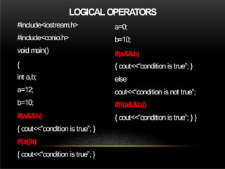 #include<iostream.h>
#include<conio.h>
void main()
{
int a,b;
a=12;
b=10;
if(a&&b)
{ cout<<”condition is true”; }
if(a||b)
{ cout<<“condition is true”; }
a=0;
b=10;
if(a&&b)
{ cout<<“condition is true”; }
else
cout<<“condition is not true”;
if(!(a&&b))
{ cout<<“condition is true”; } }
LOGICALOPERATORS
 