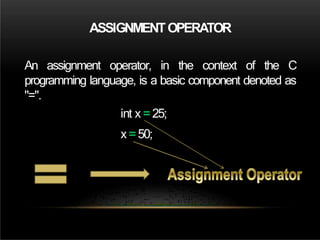 ASSIGNMENTOPERATOR
An assignment operator, in the context of the C
programming language, is a basic component denoted as
"=".
int x = 25;
x =50;
 