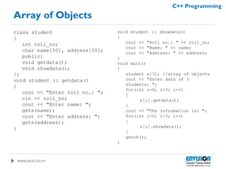 www.ecti.co.in
C++ Programming
Array of Objects
class student
{
int roll_no;
char name[50], address[50];
public:
void getdata();
void showdata();
};
void student :: getdata()
{
cout << "Enter roll no.: ";
cin >> roll_no;
cout << "Enter name: ";
gets(name);
cout << "Enter address: ";
gets(address);
}
void student :: showdata()
{
cout << "Roll no.: " << roll_no;
cout << "Name: " << name;
cout << "Address: " << address;
}
void main()
{
student s[3]; //array of objects
cout << "Enter data of 3
students: ";
for(int i=0; i<3; i++)
{
s[i].getdata();
}
cout << "The information is: ";
for(int i=0; i<3; i++)
{
s[i].showdata();
}
getch();
}
 