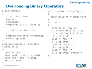 www.ecti.co.in
C++ Programming
Overloading Binary Operators
class complex
{
float real, img;
public:
complex(){ }
complex(float r, float i)
{
real = r; img = i;
}
complex operator +(complex);
void display();
};
complex complex :: operator
+(complex c)
{
complex temp;
temp.real = real + c.real;
temp.img = img + c.img;
return temp;
}
void complex :: display()
{
cout<<real<<"+”<<img<<“i”;
}
void main()
{
complex c1, c2, c3;
c1 = complex(3.2, 1.8);
c2 = complex(2.3, 5.3);
c3 = c1 + c2;
cout << "C1 = ";
c1.display();
cout << "C2 = ";
c2.display();
cout << "C3 = ";
c3.display(); getch();
}
 