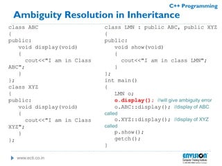 www.ecti.co.in
C++ Programming
Ambiguity Resolution in Inheritance
class ABC
{
public:
void display(void)
{
cout<<"I am in Class
ABC";
}
};
class XYZ
{
public:
void display(void)
{
cout<<"I am in Class
XYZ";
}
};
class LMN : public ABC, public XYZ
{
public:
void show(void)
{
cout<<"I am in class LMN";
}
};
int main()
{
LMN o;
o.display(); //will give ambiguity error
o.ABC::display(); //display of ABC
called
o.XYZ::display(); //display of XYZ
called
p.show();
getch();
}
 