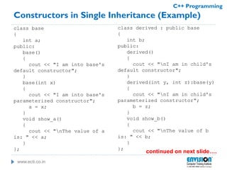 www.ecti.co.in
C++ Programming
Constructors in Single Inheritance (Example)
class base
{
int a;
public:
base()
{
cout << "I am into base's
default constructor";
}
base(int x)
{
cout << "I am into base's
parameterized constructor";
a = x;
}
void show_a()
{
cout << "nThe value of a
is: " << a;
}
};
class derived : public base
{
int b;
public:
derived()
{
cout << "nI am in child's
default constructor";
}
derived(int y, int z):base(y)
{
cout << "nI am in child's
parameterized constructor";
b = z;
}
void show_b()
{
cout << "nThe value of b
is: " << b;
}
};
continued on next slide….
 