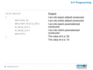 www.ecti.co.in
C++ Programming
void main()
{
derived d;
derived d1(10,20);
d.show_b();
d.show_a();
getch();
}
Output:
I am into base's default constructor
I am into child's default constructor
I am into base's parameterized
constructor
I am into child's parameterized
constructor
The value of b is: 20
The value of a is: 10
 