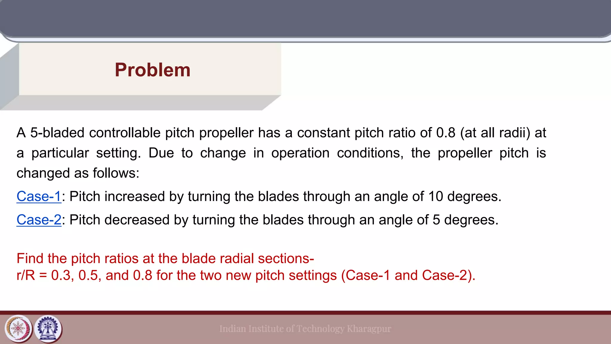 Problem
A 5-bladed controllable pitch propeller has a constant pitch ratio of 0.8 (at all radii) at
a particular setting. Due to change in operation conditions, the propeller pitch is
changed as follows:
Case-1: Pitch increased by turning the blades through an angle of 10 degrees.
Case-2: Pitch decreased by turning the blades through an angle of 5 degrees.
Find the pitch ratios at the blade radial sections-
r/R = 0.3, 0.5, and 0.8 for the two new pitch settings (Case-1 and Case-2).
 