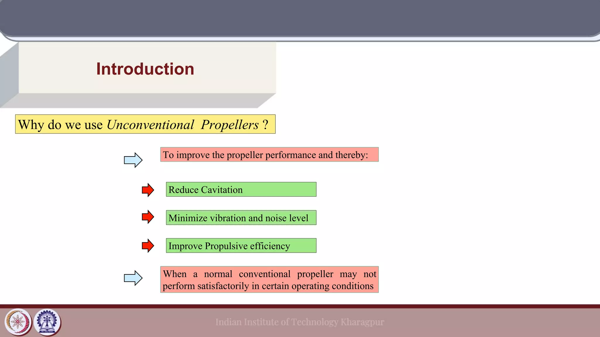 Introduction
Why do we use Unconventional Propellers ?
To improve the propeller performance and thereby:
Reduce Cavitation
Minimize vibration and noise level
Improve Propulsive efficiency
When a normal conventional propeller may not
perform satisfactorily in certain operating conditions
 